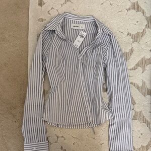 Hollister Women's Blue and White Striped Button Down Shirt